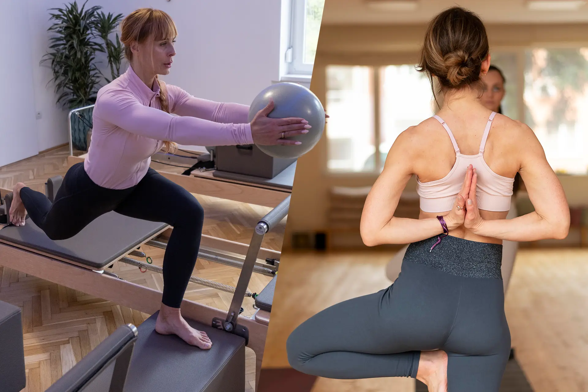 Pilates és jóga összehasonlítása – reformer pilates és jógapóz egymás mellett